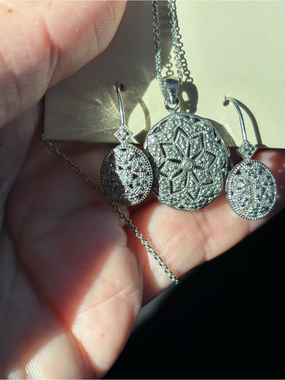 Sterling Silver Filigree Floral Pendant & Earrings Set - White